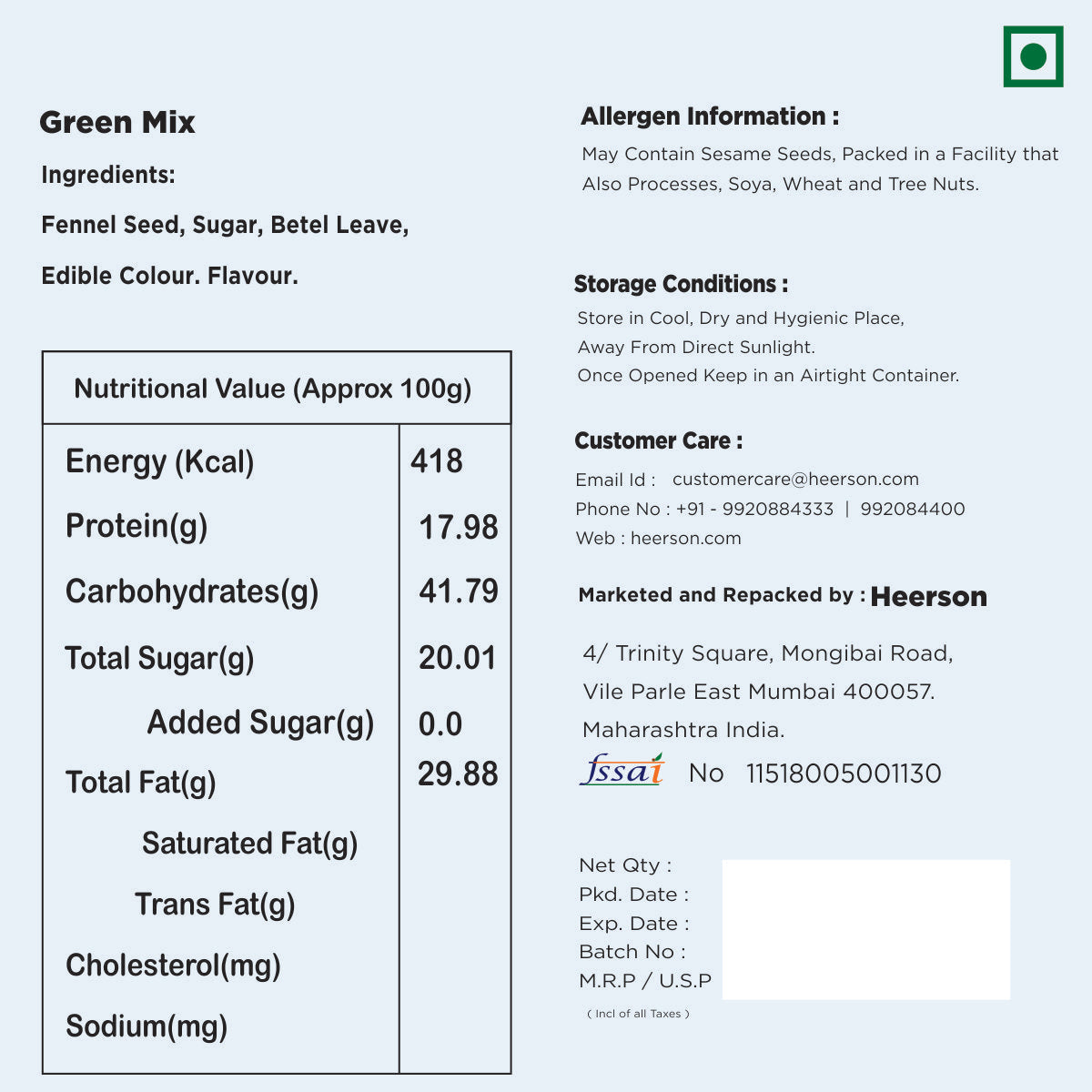 Heerson Green Mukhwas. Fennel seeds & betel leaves blend.