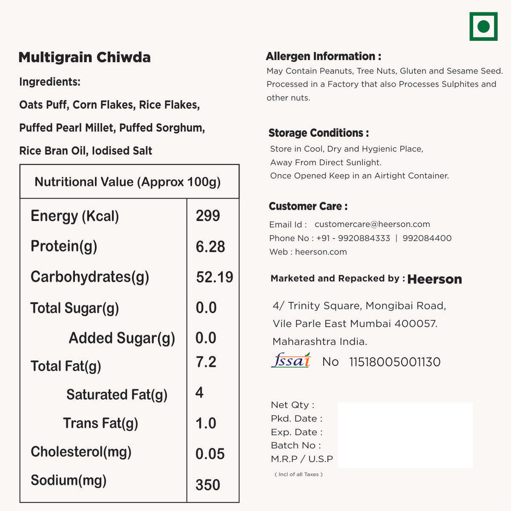 Heerson Lite Multigrain Chiwda. Traditional Indian snack.