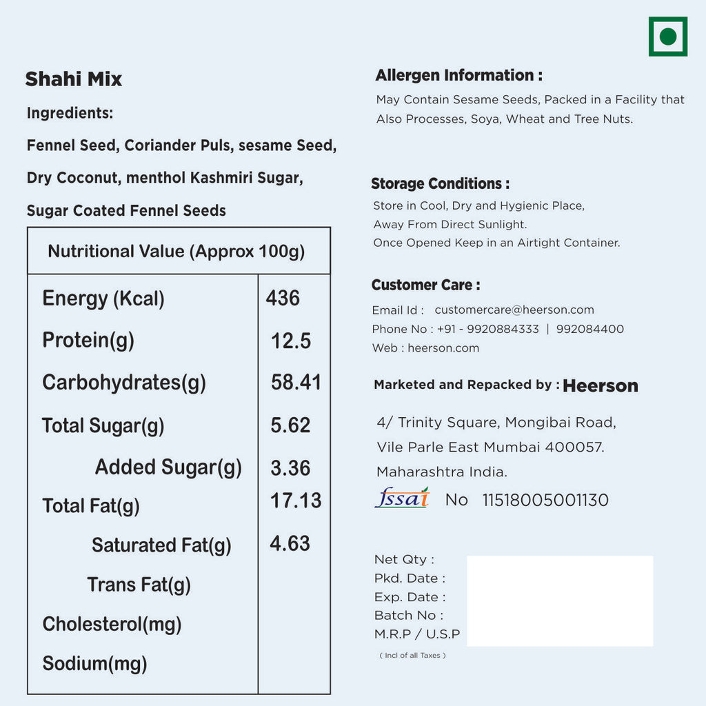 Heerson Shahi Mukhwas. Fennel seeds, sesame, dry coconut, and cardamom blend.