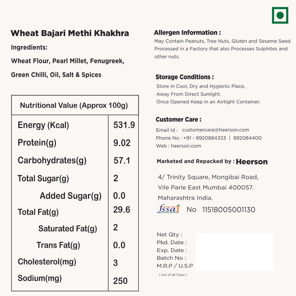 Heerson Bajra Methi Khakhra. Thin crispy khakhra infused with methi seeds.
