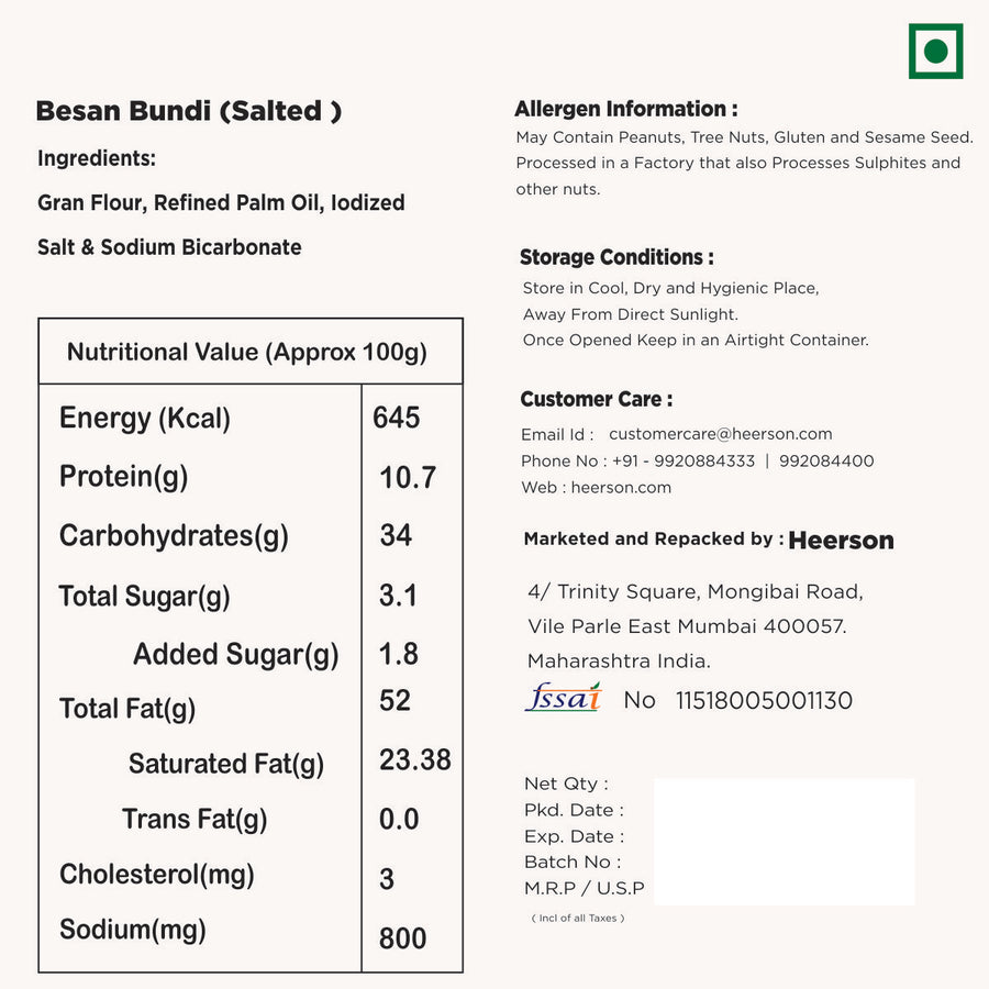 Heerson Besan Bundi. 200g Pack of Salted Chickpea Bites.
