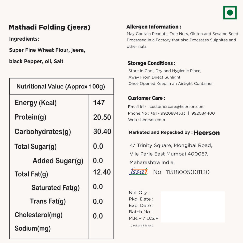 Heerson Folding Jeera Puri. Superfine wheat flour and spices blend.
