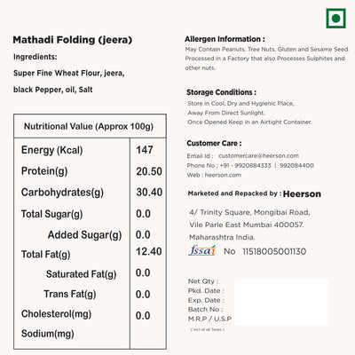 Heerson Folding Jeera Puri. Superfine wheat flour and spices blend.
