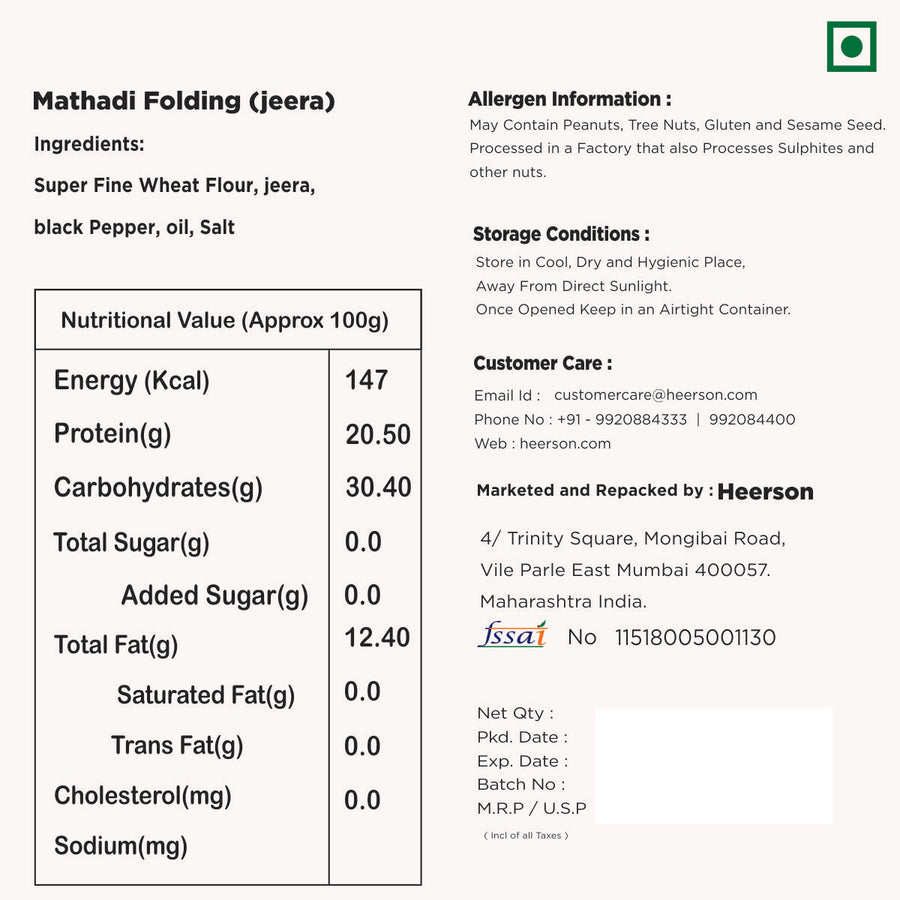 Heerson Folding Jeera Puri. Superfine wheat flour and spices blend.
