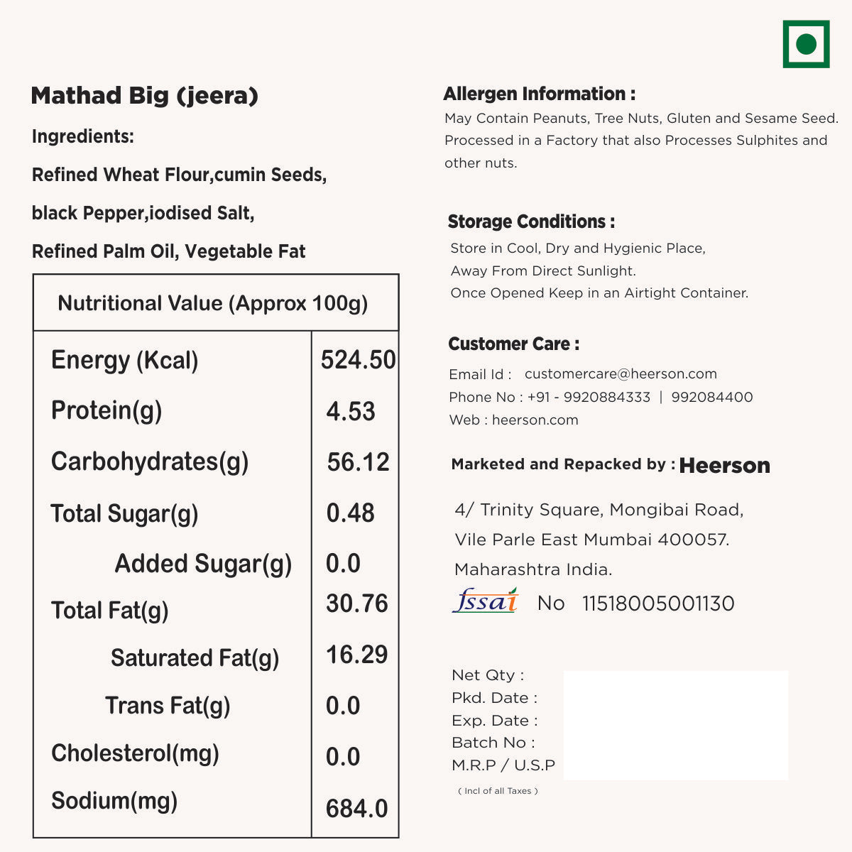Heerson Jeera Puri. Superfine wheat flour and spices blend.
