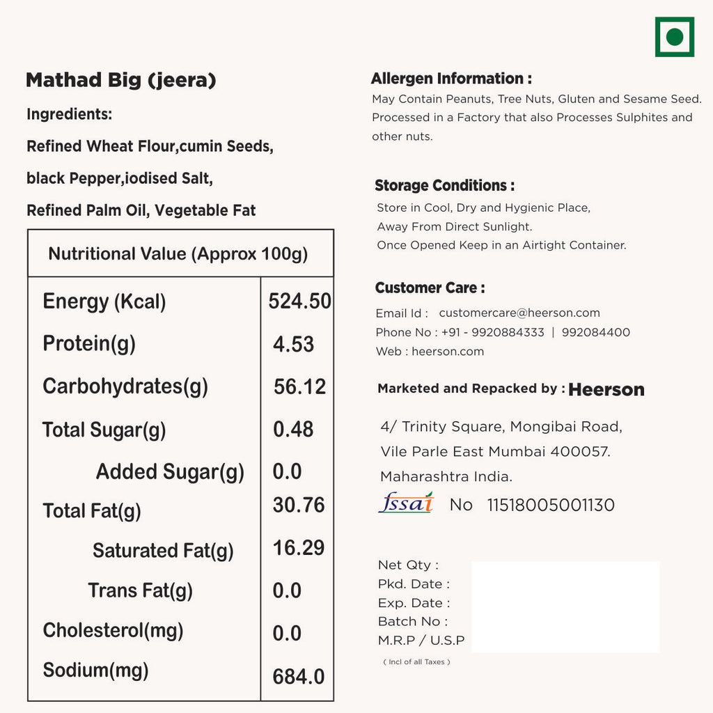 Heerson Jeera Puri. Superfine wheat flour and spices blend.
