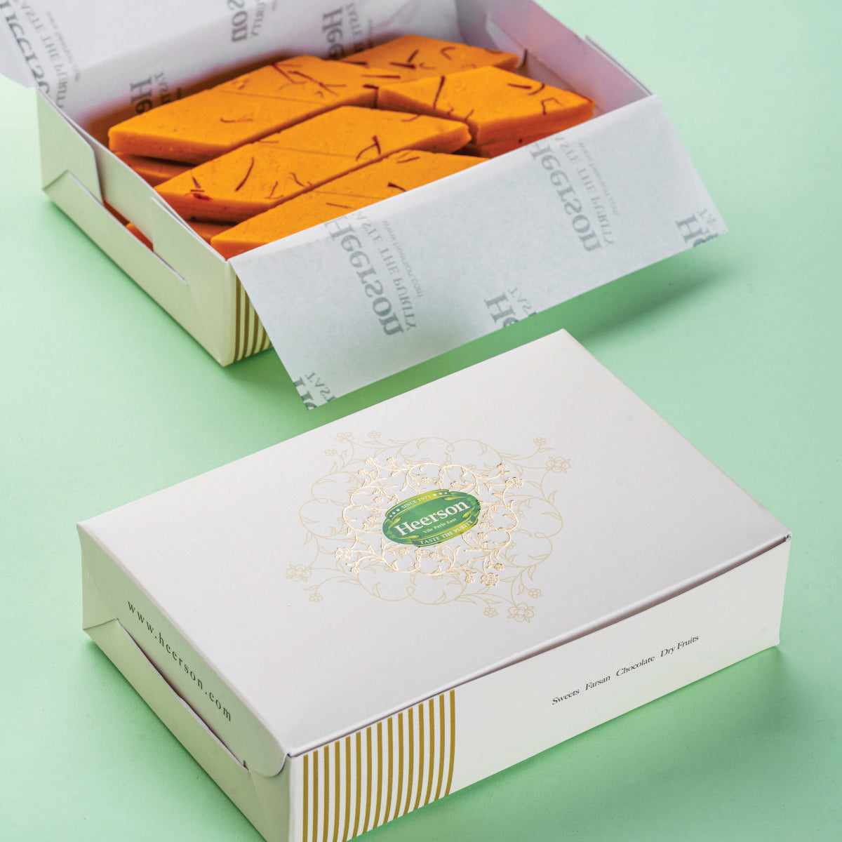 Heerson Kesar Kaju Katri. Premium saffron cashew fudge.
