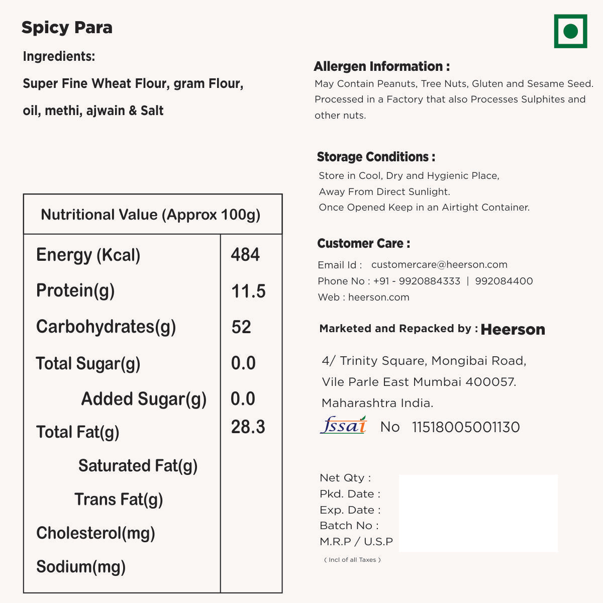 Heerson Masala Para. Superfine wheat flour and spices blend.

