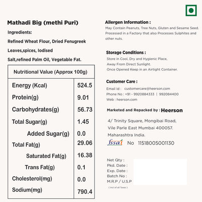 Heerson Mathadi Big (Methi Puri). Superfine wheat flour and fenugreek blend.
