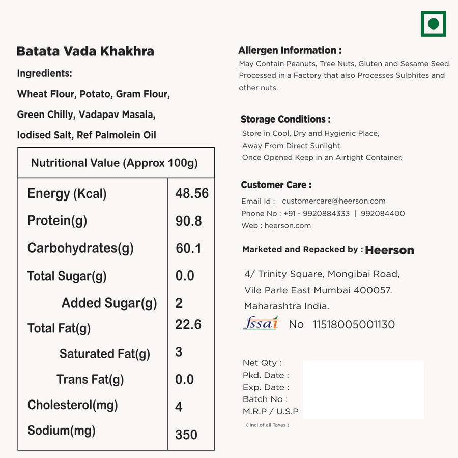Heerson Vada Pav Khakhra. Premium street-food flavour khakhra.
